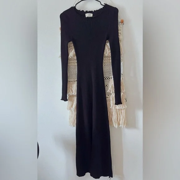DISSH Sophia Ribbed Knit Long Sleeve Midi Dress Black Scalloped Medium - Picture 3 of 5